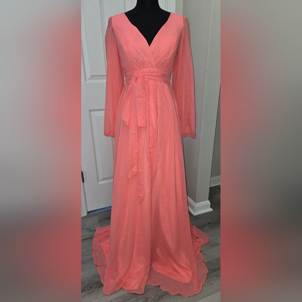 NWT Lavetir A-Line V-Neck Coral Long Sleeves Chiffon Long Dress